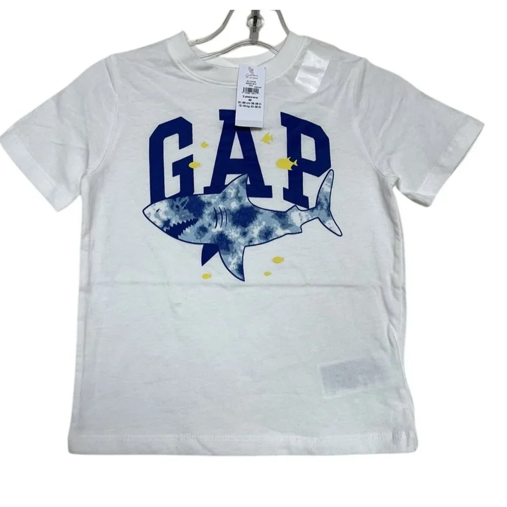 GAP T Shirt Boys Kids Youth Size 3 Shark Logo White Blue Short Sleeve
